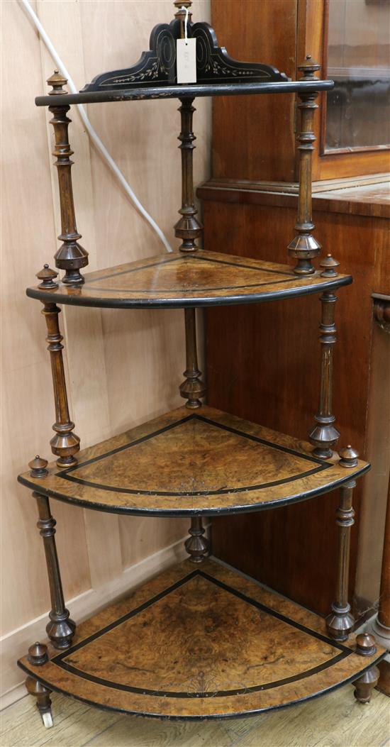 A Victorian walnut and ebonised corner whatnot H.129cm